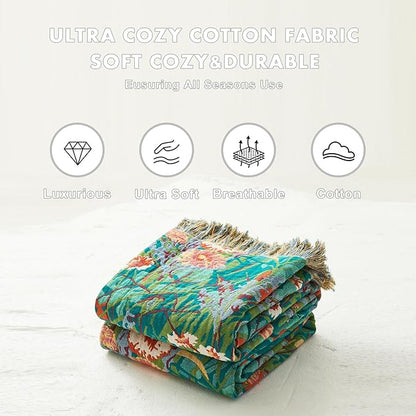 MSGKV Boho Throw Blanket 50"x60" Floral Blankets for Couch 100% Cotton Chair Sofa Throws Lightweight Farmhouse Muslin Spring Breathable Bed Blankets Home Decor All Seasons