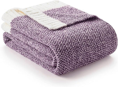 Snuggle Sac Super Soft Purple Blanket Reversible Twin Size for Bed and Sofa, Warm Cozy Knit Blankets Fuzzy Plush, Heather Purple, 60x80 inches