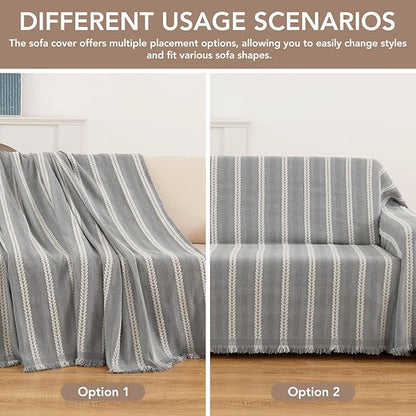Couch Cover for Dogs, Boho Sofa Covers for 3 Cushion Couch, Chenille Sofa Slipcover for Pets Washable, L-Shape Sectional Loveseat Cover Soft Throw Blankets with Tassels(71x118,Striped Grey)