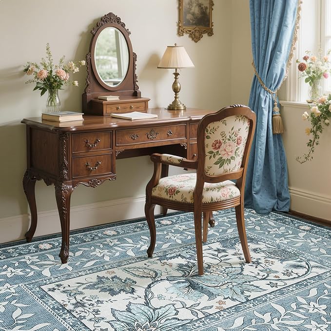 GarveeHome Provence 5x7 Area Rugs, Botanical Grove Vintage Cottagecore Non-Slip Washable Rug for Bedroom Living Room Nursery Kitchen Low-Pile Carpet Retro Blue