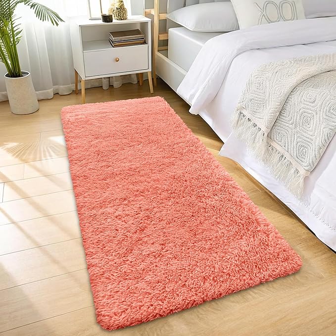 OLANLY 2x8 Machine Washable Runner Rugs for Hallway, Soft Fluffy Shaggy Bedside Rugs for Bedroom, Living Room, Indoor Floor Carpet for Kids Girls and Boys, Home Decor Aesthetic, Coral Red