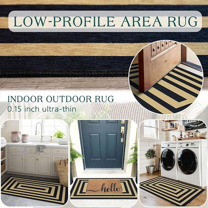 Front Door Mat Indoor Entrance - 2x4.3 Ft Modern Washable Layered Doormat Outdoor Entrance Porch Rug Non-Slip Black Tan Geometric Border Runner Rug for Kitchen Bedroom Laundry Room Porch Decor