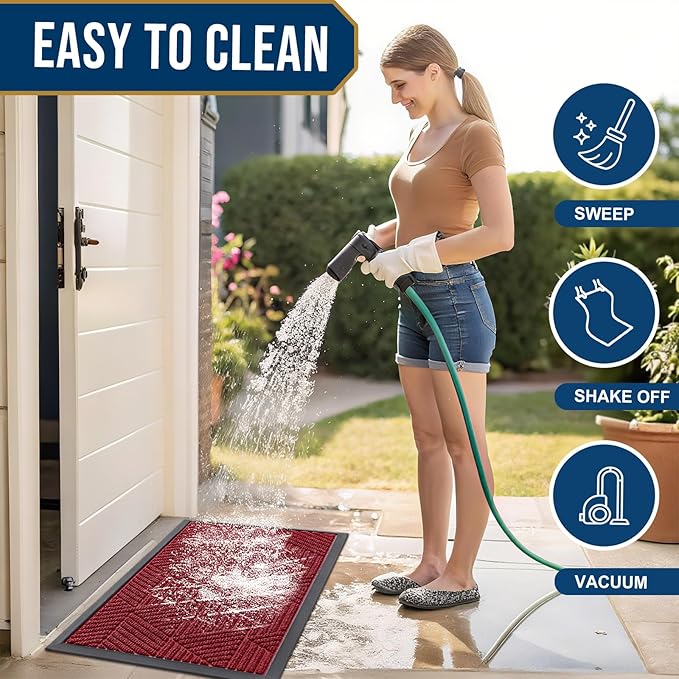 Smiry Front Door Mat Outside Entrance, Heavy Duty Sturdy Natural Rubber Doormat, Trap Dirt and Moisture, Easy Clean Low Profile Mats for Indoor Outdoor Entry, Irregular Triangle (71x47, Wine Red)