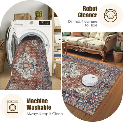 Washable Area Rug 5' x 7' Vintage Traditional Persian Mat - Foldable Distressed Non-Slip Machine Washable Carpet for Living Room Bedroom Kitchen Home Decor - Terracotta and Navy