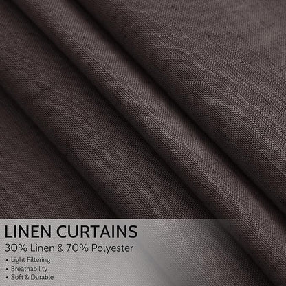 Cocoa Coffee Linen Curtains 90 Inch Long 2 Panels Set for Bedroom Living Room, Soft Linen Textured Window Drapes Semi Sheer Light Filtering Rod Pocket Back Tab Morden Style 52x90