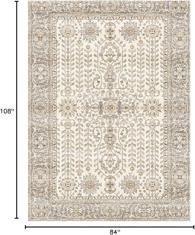 7x9 Area Rugs for Living Room,Thin Washable Rug, Non-Slip Foldable Area Rug for Bedroom, Dining Room, Home Office, Cream