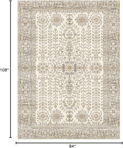7x9 Area Rugs for Living Room,Thin Washable Rug, Non-Slip Foldable Area Rug for Bedroom, Dining Room, Home Office, Cream