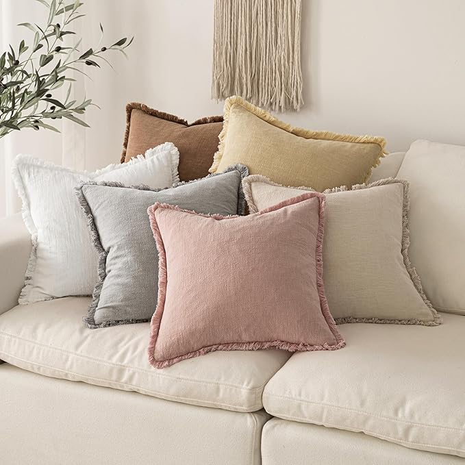 MIULEE Decorative Throw Pillow Covers Neutral Linen Fringe Throw Pillows Set of 2 White Boho Farmhouse Cushion Covers with Tassels for Couch Sofa Bed Living Room Spring Home Decor 20x20 Inch