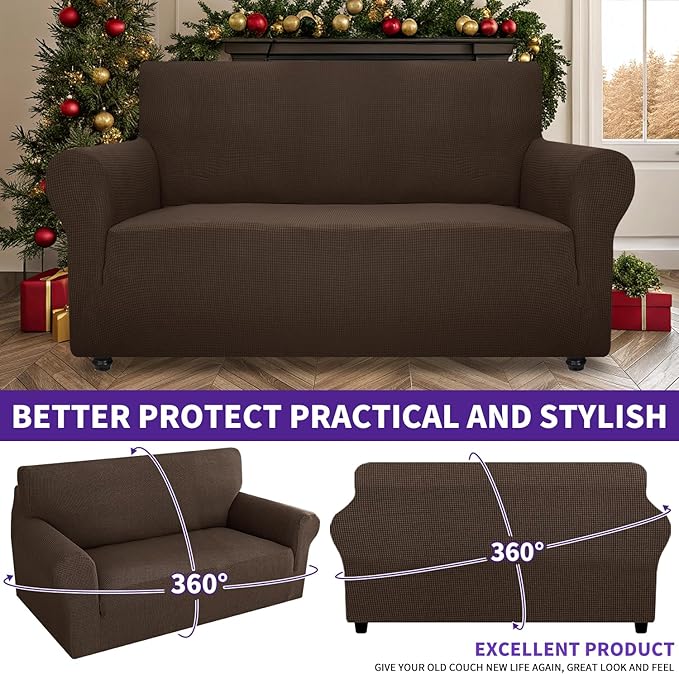 ZNSAYOTX Super Stretch Couch Cover Love Seat Sofa Covers for Living Room Dogs Pet Friendly Furniture Protector Spandex Loveseat Slipcovers with Anti Slip Foam Sticks (Coffee, Loveseat)
