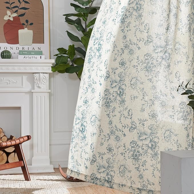 jinchan Linen Blend Curtain Floral Curtains for Living Room 108 Inch Length Blue Printed Curtain Rod Pocket Back Tab Farmhouse Peony Flower Patterned Drapes Bedroom Window Curtains Set 2 Panels