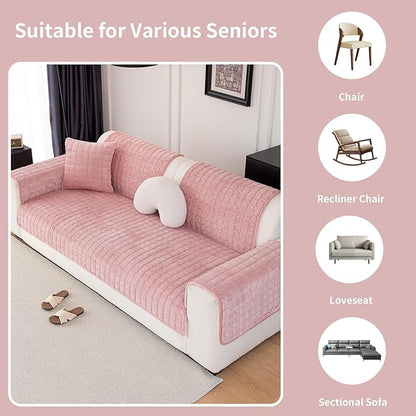 Velvet Couch Cover, Washable Sectional Sofa Cover, Anti Slip Sofa Slipcover for 3 Cushion Couch Sofa L Shaped Armrest Backrest, Furniture Protector Covers for Pets Kids(1PC, Pink, 28"×28")