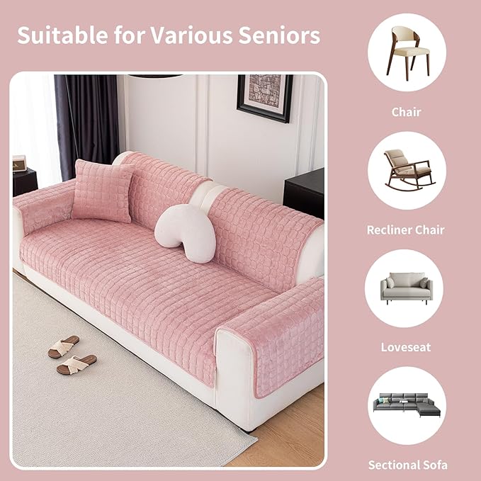 Velvet Couch Cover, Washable Sectional Sofa Cover, Anti Slip Sofa Slipcover for 3 Cushion Couch Sofa L Shaped Armrest Backrest, Furniture Protector Covers for Pets Kids(1PC,Pink,36"×36")