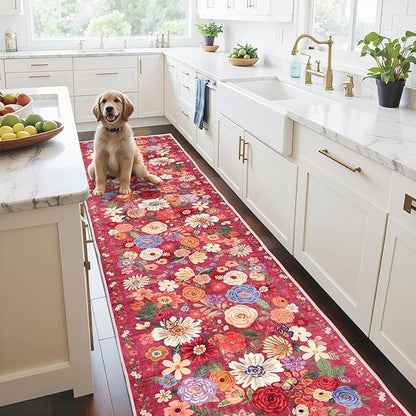 Floral Hallway Runner Carpet Non-Slip, 2x10 Washable Rug Ultra-Thin Soft for Hallways, Kitchen Mat Stain Resistant for Entryway Bathroom (2 x 10, Red Garden)