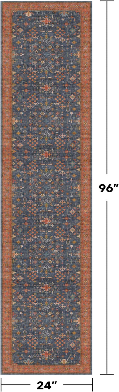 Navy Blue 2x8 Long Runner for Kitchen, 8ft Runner Rugs for Entryway, Hallway, Washable Non Skid Rubber Backing Low Pile Stain Resistance Floral Carpet