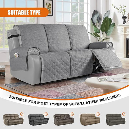 VANSOFY Waterproof Recliner Couch Covers, Sofa Covers 1-Piece Washable Reclining Sofa Cover Non-Slip Furniture Protector with Elastic Straps Pocket for Dogs, Pets(Light Gray,3 Seater)