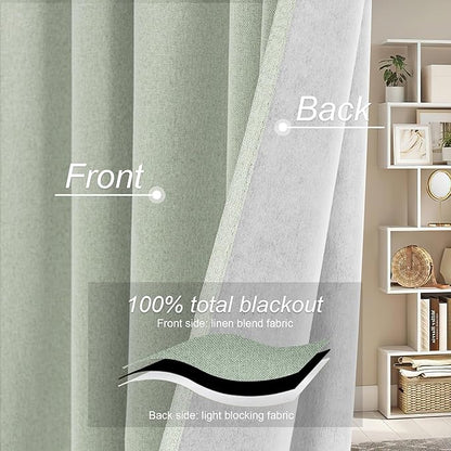RYB HOME Light Green Curtains 100% Blackout, Linen Window Treatment Panels Thermal Insulated, Privacy Drapes for Living Room/Bedroom/Nursery, Rod Pocket & Back Tab, 2 Panels, W52xL84