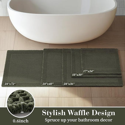 RESARE Waffle Bathroom Runner Rugs, Super Absorbent Bath Mat Non Slip Washable Quick Dry, Upgraded Ultra Soft Boho Bath Rugs with Tassels for Hallway Bedroom Laundry Room, 20"x32" Green