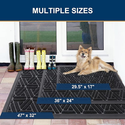 Smiry Front Door Mat Outside Entrance, Heavy Duty Sturdy Natural Rubber Doormat, Trap Dirt and Moisture, Easy Clean Low Profile Mats for Indoor Outdoor Entry, Grid Geometric (47x23, Black)