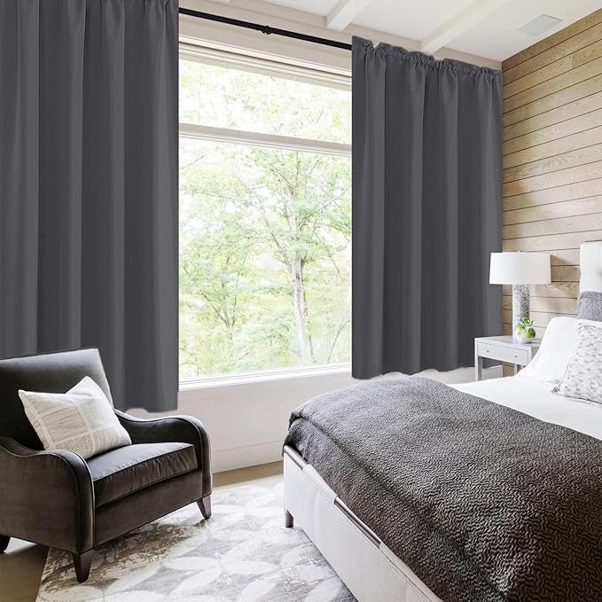 DWCN Kitchen Blackout Short Curtains for Bedroom 45 Inch Length 2 Panels Set, Solid Thermal Insulated Energy Saving Rod Pocket Window Treatment Curtains Blackout Draperies (W52 x L45 Inch, Dark Grey)