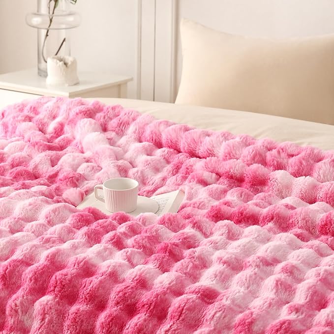 COOVA Faux Fur Throw Blanket for Couch, Cozy Soft and Fuzzy Plush Rabbit Fur Bubble Blanket for Sofa Bedroom Living Room, 50x60 Inches Tie Dye Pink