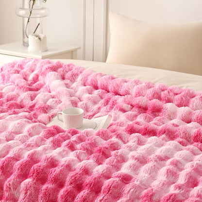 COOVA Faux Fur Throw Blanket for Couch, Cozy Soft and Fuzzy Plush Rabbit Fur Bubble Blanket for Sofa Bedroom Living Room, 50x60 Inches Tie Dye Pink
