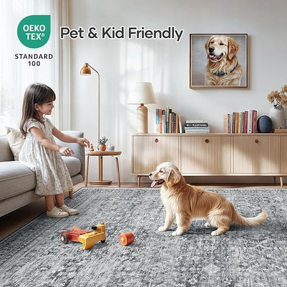 Lofus 9x12 Area Rug for Living Room,Grey Washable Large Rugs with Non-Slip Backing,Soft Neutral Carpets for Bedroom Dining Room Home Office Indoor Nursery