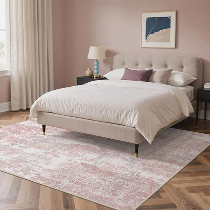 Area Rugs 5x7 for Living Room Bedroom, Modern Abstract Machine Washable Rug, Large Soft Low Pile Floor Carpet with Non Slip Backing for Dining Room, Pink/Grey