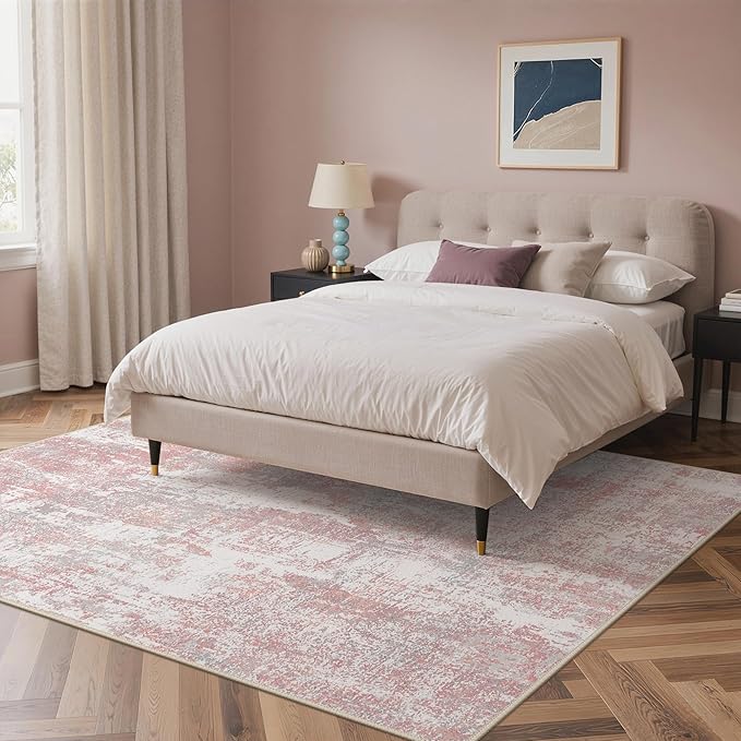 BEIMO Area Rugs 6x9 for Living Room Bedroom, Modern Abstract Machine Washable Rug, Large Soft Low Pile Floor Carpet with Non Slip Backing for Dining Room, Pink/Grey