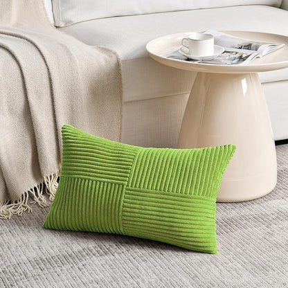Fancy Homi Set of 2 Lime Green Long Lumbar Decorative Throw Pillow Covers 12x24 Inch for Couch Bed Sofa, Modern Farmhouse Boho Home Decor, Soft Striped Corduroy Rectangle Accent Cushion Case 30x60 cm