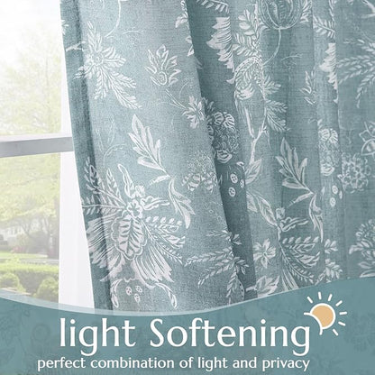 jinchan Linen Floral Curtains for Living Room, 96 Inch Length Curtains with Printed Flower Light Filtering Curtain, Rod Pocket Back Tab Blue Window Treatment Set Bedroom Curtain, 2 Panels Blue