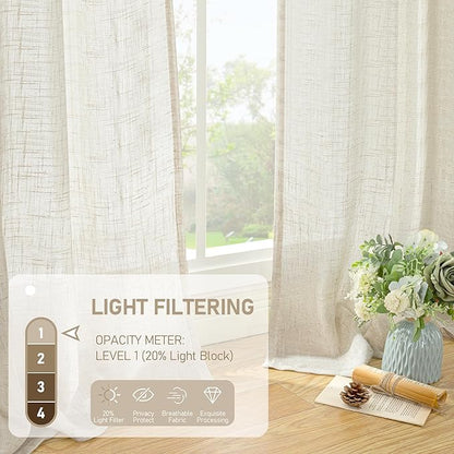 LAMIT Natural Linen Boho Curtains 80 inch Length 2 Panels, Cream Ivory Light Filtering Semi Sheer Panels Back Tab and Rod Pocket Neutral Drapes for Bedroom/Living Room, 34 x 80 Inch