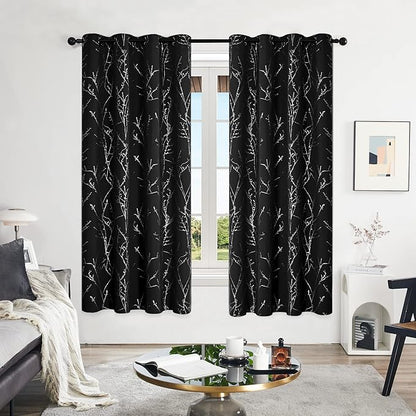 Deconovo Black Blackout Curtains, Thermal Insulated Soundproof Privacy Curtain Drapes, Branch Foil Print, 52 x 72 Inch Long, 2 Panels, Machine‑Washable Window Panel for Bedroom Living Room Office Home