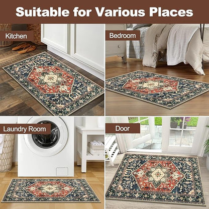 Yamaziot Washable Area Rug, 2x3 Small Entryway Rug Non-Slip Boho Vintage Rug with Rubber Backing, Low Pile Faux Wool Soft Distressed Floor Carpet for Indoor Door Mat, Kitchen, Laundry Bathroom