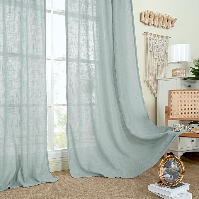LAMIT Linen Curtains 60 Inch Length 2 Panels, Light Filtering Panels Back Tab and Rod Pocket Neutral Drapes for Bedroom/Window/Living Room, Greyish Blue, 34 x 60 Inch