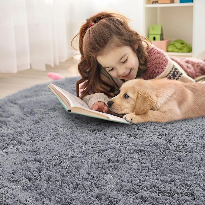 OLANLY Light Grey Round Rugs for Bedroom - Machine Washable, 6 ft Circle Area Rugs for Living Room, Soft and Fluffy Shaggy Carpet for Teen Girls and Boys, Nursery Rooms, Dorms, Home Decor Aesthetic