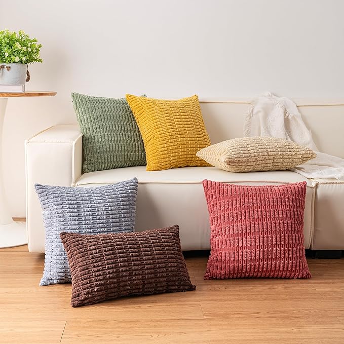 Pack of 2 Corduroy Decorative Throw Pillow Covers 22x22 Inch Soft Striped Pillow Covers Modern Farmhouse Home Decor for Sofa Living Room Couch Bed（Yellow）