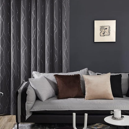 Deconovo Grey Curtains for Living Room, Blackout Drapes, Protect Pravicy Thermal Insulated Soundproof Window Drape, Wave Dots Foil Print, 42 x 95 Inch, Set of 2 Panels for Bedroom Sliding Glass Door