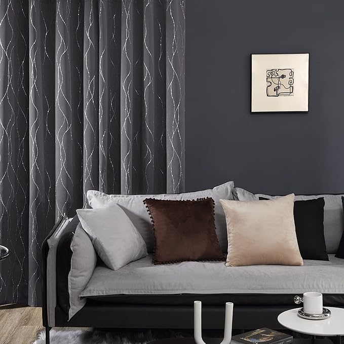 Deconovo Grey Blackout Curtains for Bedroom, Thermal Insulated Soundproof Drapes, Wave Dots Foil Print, 52 x63 Inches Long, 2 Panels, Machine‑Washable Privacy Window Panel for Living Room Apartment