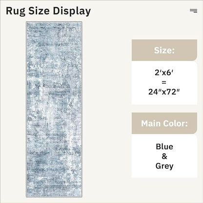 Runner Rug 2'x6' Abstract Washable Non-Slip Runner Rugs for Kitchen Bathroom Laundry Room Blue Vintage Floor Carpet Runners for Hallway Entryway