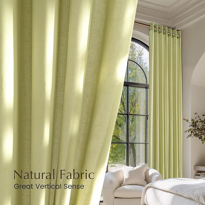 NICETOWN Fresh Green Linen Farmhouse Curtains 96 inches Long, Grommet Thick Flax Semi Sheer Window Treatments Privacy Assured with Light Filtering for Bedroom, W55 x L96, 2 Panels