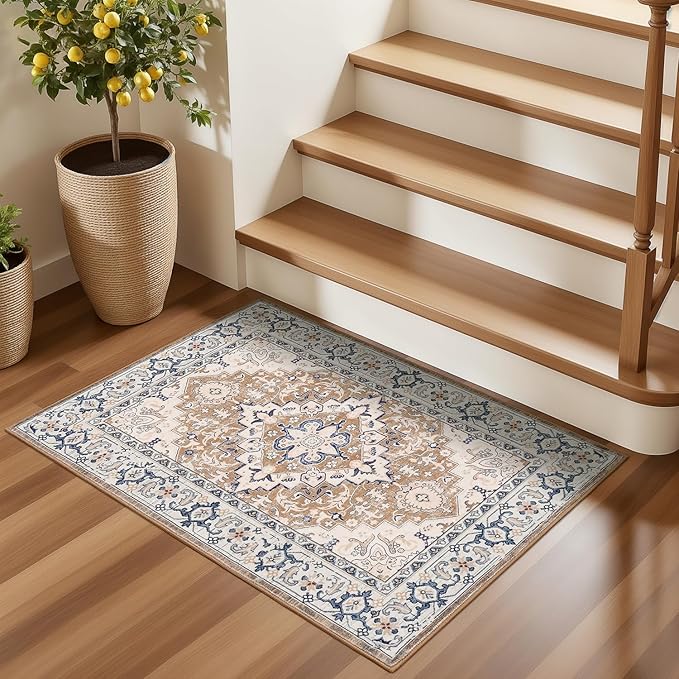 Lofus 2x3 Washable Rug for Entryway Bathroom, Non Slip Kitchen Mats for Floor, Vintage Soft Door Mat Indoor Entrance, Small Area Rugs, Farmhouse Carpet for Entry Living Room Bedroom, Floral Brown