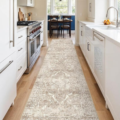 2'6"x12' Washable Hallway Runner Rug - Non Slip Kitchen Runner Rugs with Rubber Backing Vintage Low-Pile Carpet Runners for Entryway Dining Room Laundry Room Home Decor (Beige)