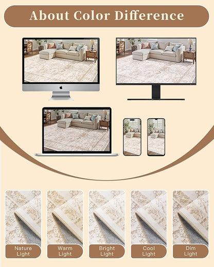 Madane 5x7 Area Rugs for Living Room, Washable Vintage Natural Rug with Non-Slip Backing, Soft Floral Print Throw Rugs Floor Low Pile Carpet for Bedroom Dining Room Farmhouse (5 x 7, Wood/Ivory)