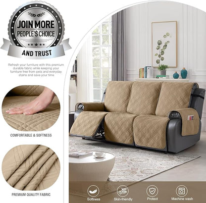TAOCOCO 100% Waterproof Recliner Sofa Cover, Non Slip Split Couch Covers for Reclining Couches with Elastic Straps, Washable Reclining Sofa Cover Furniture Protector for Kids Pets(3 Seater, Camel)