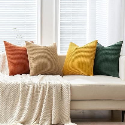 MIULEE Pack of 4 Green-Rust Corduroy Decorative Throw Pillow Covers 18x18 Inch Soft Boho Striped Pillow Covers Modern Farmhouse Home Decor for Winter Sofa Living Room Couch Bed