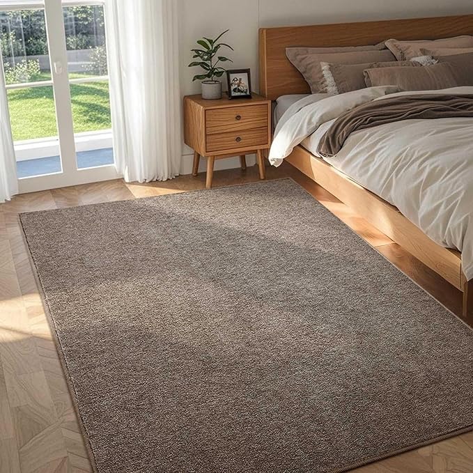 FinRèc 4x6 Washable Area Rugs for Bedroom Living Room, Low Pile Thin Rug Solid Color, Non-Slip Carpet Indoor for Home Decor (Brown)