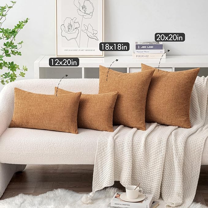 MIULEE Pack of 2 Brown Throw Pillow Covers 24x24 Inch Soft Chenille Pillow Covers for Sofa Living Room Couch Solid Dyed Cases