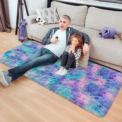 Super Soft Fluffy Living Room Area Rug 2x5 ft Purple Rainbow Tie-Dyed Shaggy Furry Carpet Washable Non-Slip Carpets Bedroom Bedside Nursery Rug Cute Colorful Room Decor for Girls