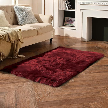 duduta Burgundy Faux Fur Rug 3x5 ft for Nursery Girls Bedroom, Fluffy Shag Rectangle Sheepskin Rug Machine Washable