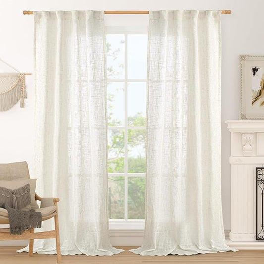 LAMIT Cream Linen Curtains for Living Room 84 inch Length 2 Panels, Light Filtering Semi Sheer Panels Back Tab and Rod Pocket Boho Drapes for Bedroom/Farmhouse, 38 x 84 Inch